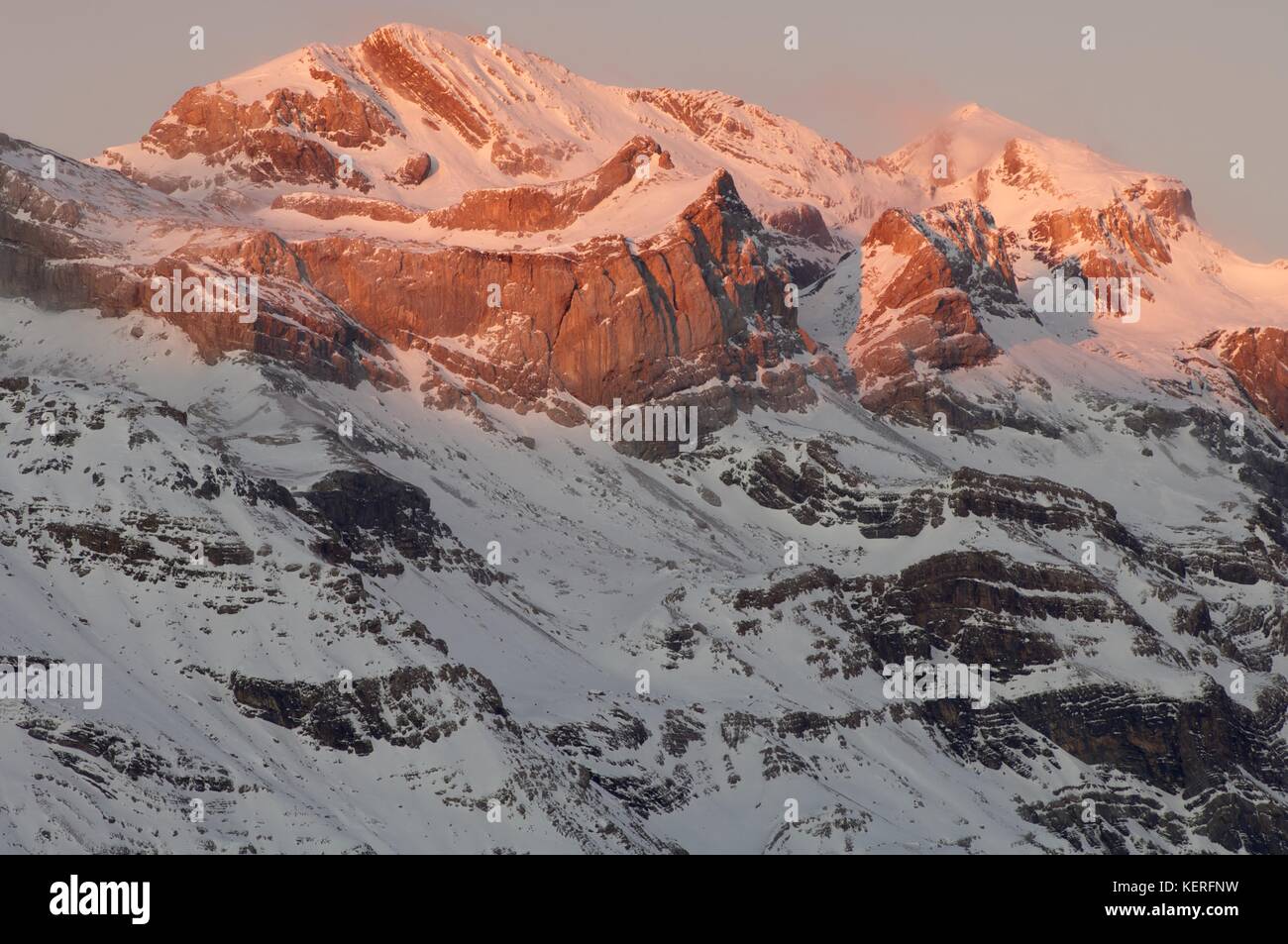 Winter in Ordesa National Park, elevated peaks, left to rigth, are Sum de Ramond (3254 m.) and Monte Perdido (3355 m.), Pyrenees, Huesca, Aragon, Spai Stock Photo