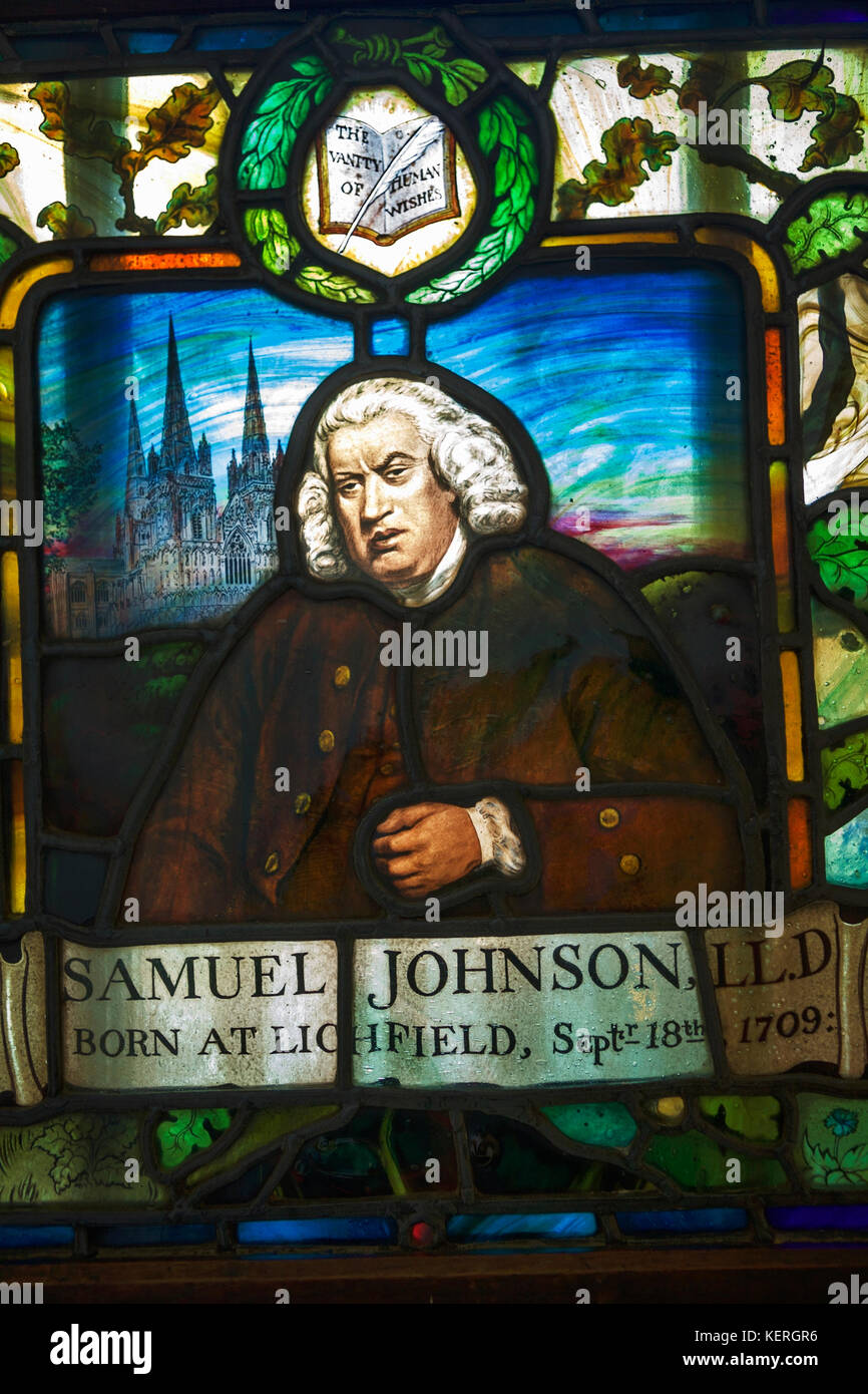 Stained glass window close up: showing Dr. Samuel Johnson, at his house, at Gough Square, London, UK. Litchfield Cathedral is in background. Stock Photo