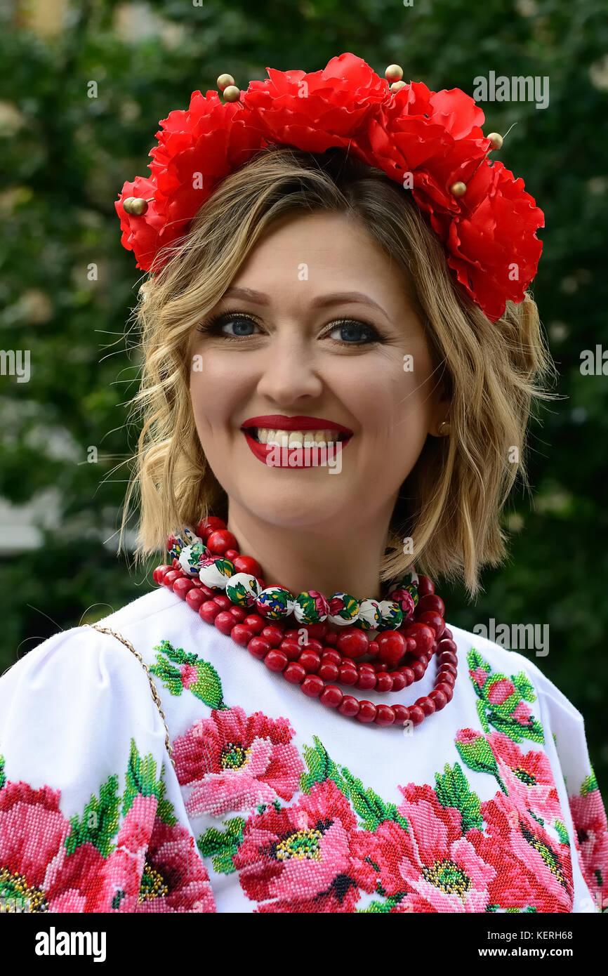 LVIV, UKRAINE 24 AUGUST 2017 Beautiful smiling Ukrainian woman in a