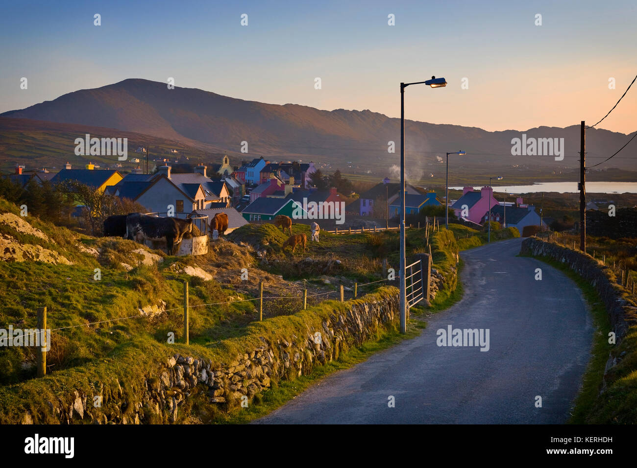 Eyeries Village in the evening light, The Beara Peninsula, County Cork, Ireland Stock Photo