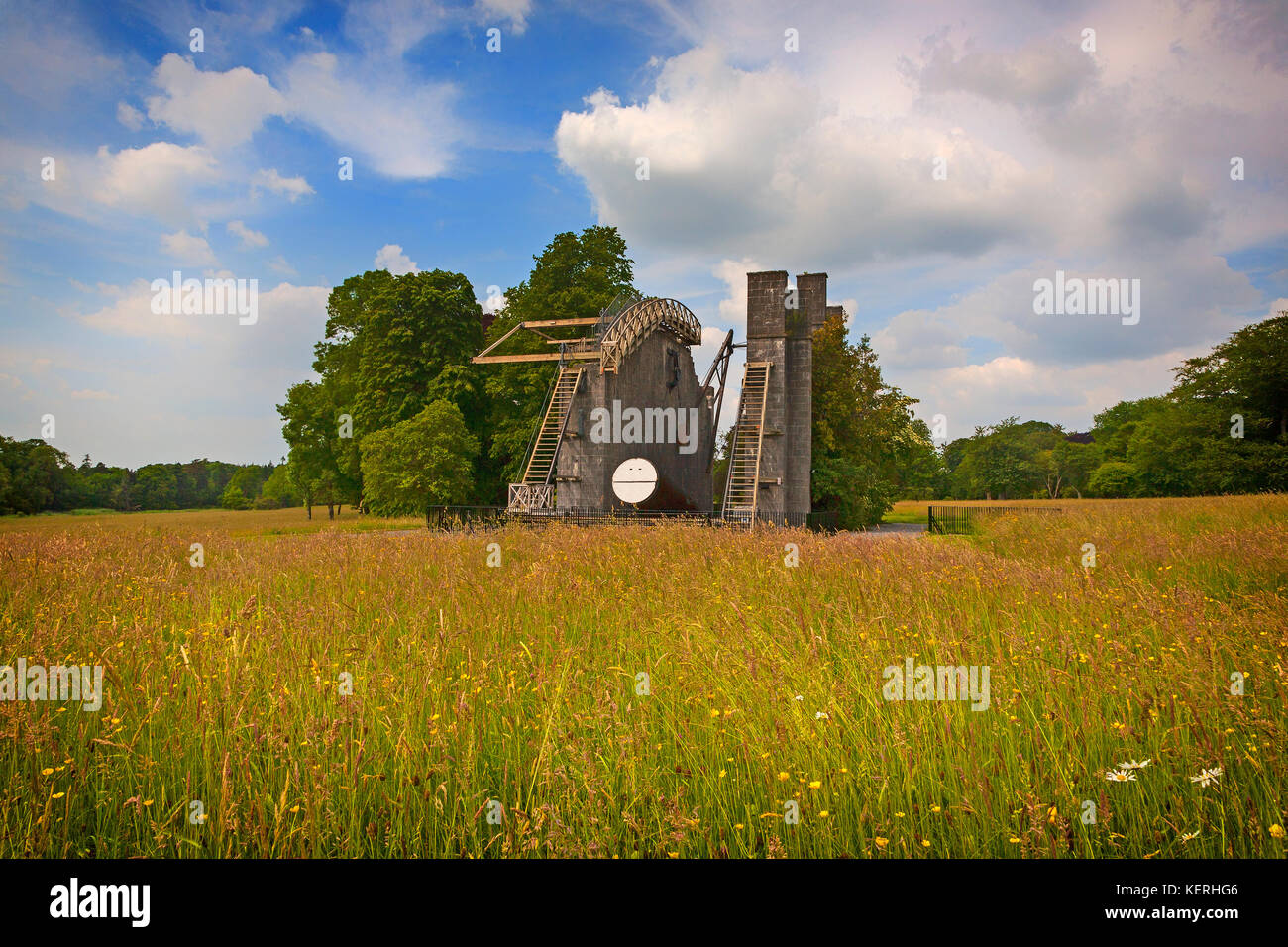 The Leviathon, 19th Century (1845) Astronomical Telescope, Situated in a Wildflower Meadow, Birr Castle, County Offaly, Ireland Stock Photo