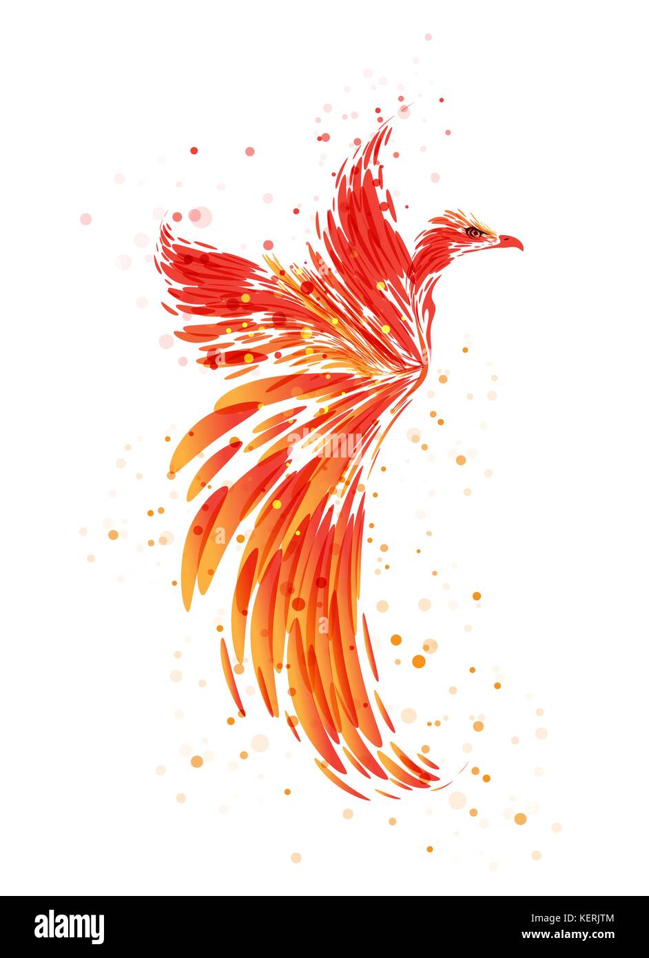 Flaming Phoenix on white background, burning mythical bird Stock Vector