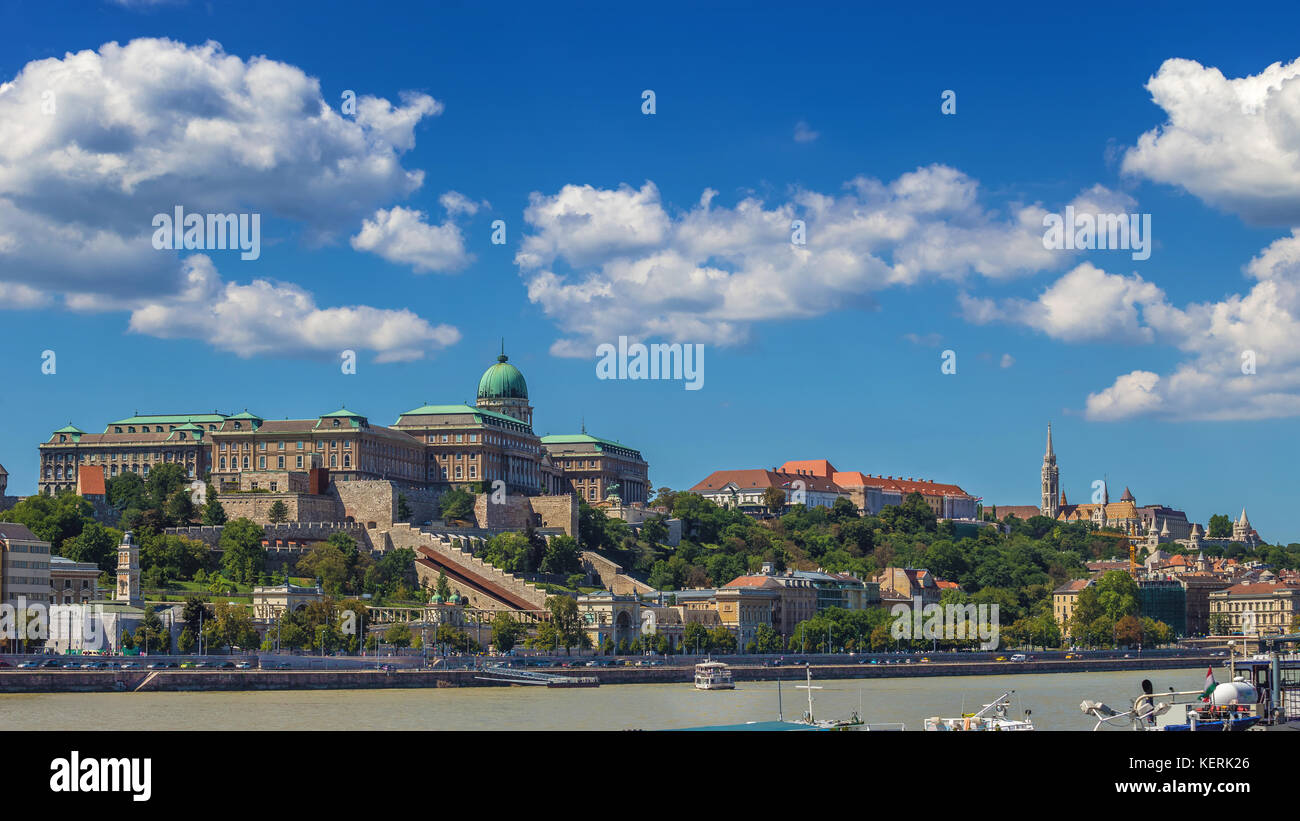 Budapest, Hungary - Skyline view of the famous Buda Castle Royal Palace on Hill on a summer day with blue sky and clouds Stock Photo