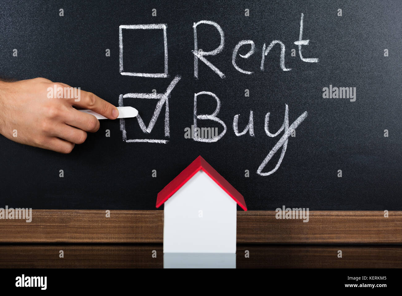 Close-up Of A Person Hand Showing Buy Not Rent Concept On Blackboard Near House Model Stock Photo