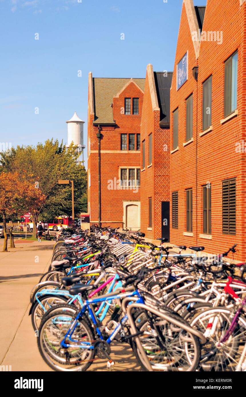 Stored bicycles in front of Student residences and Friley Hall at Iowa State University in Ames, Iowa, USA. Stock Photo