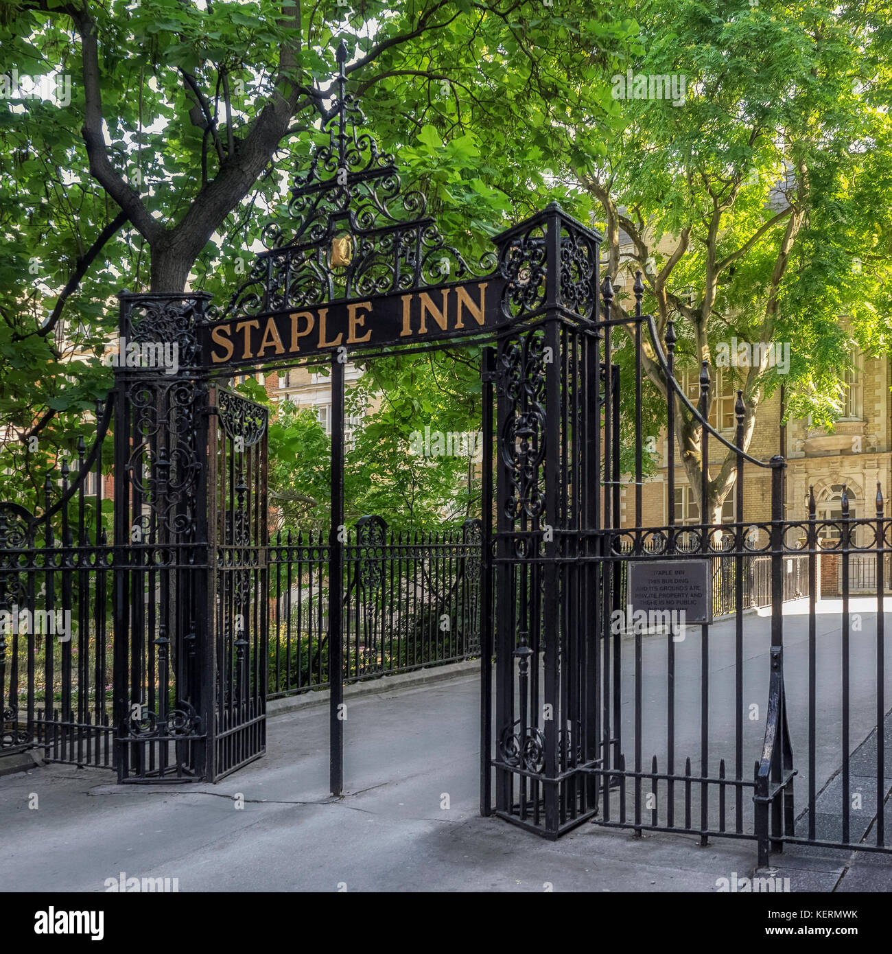 LONDON, UK - AUGUST 25, 2017: Wrought iron entrance gates to Staple inn ...