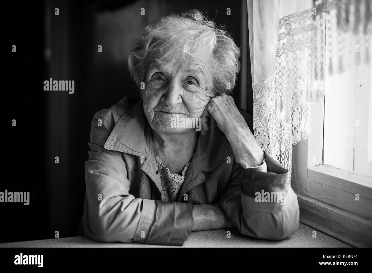 Portrait of an elderly woman, monochrome photo. Stock Photo