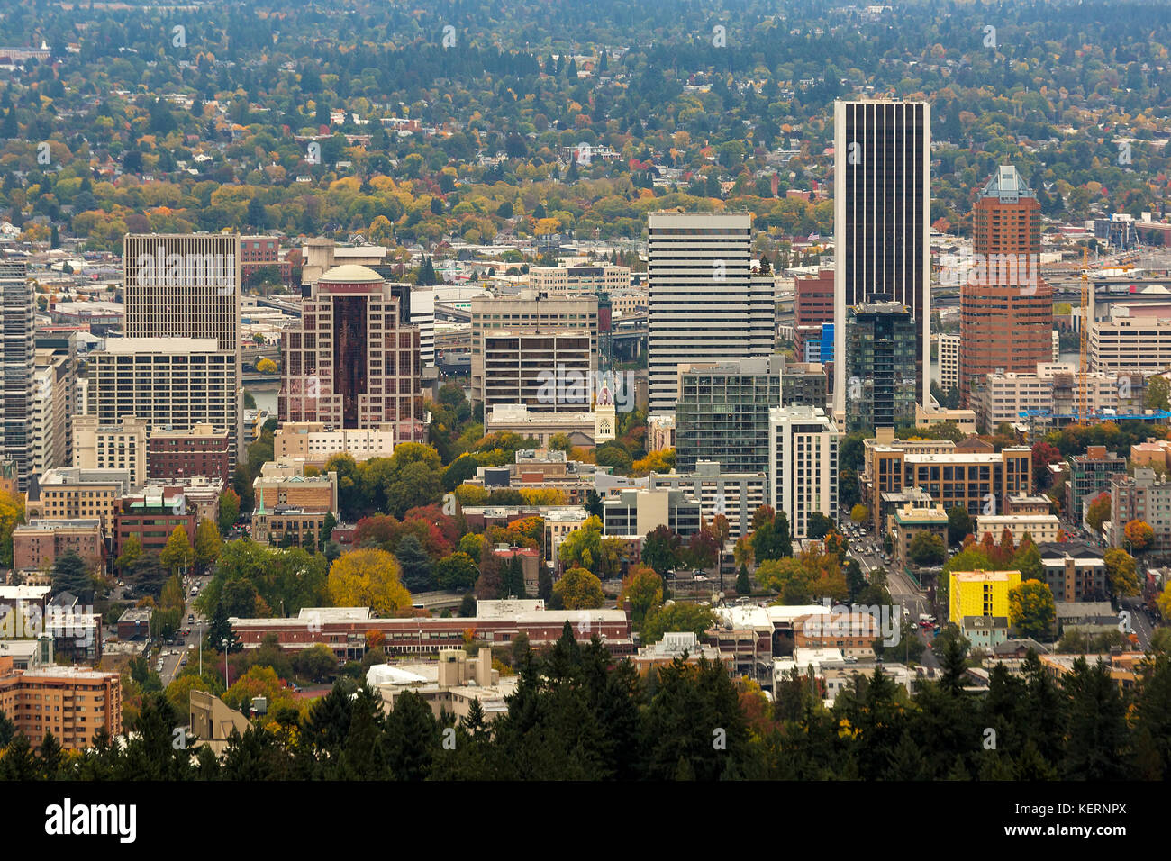 Portland Oregon city downtown buildings skyline in fall season color Stock Photo