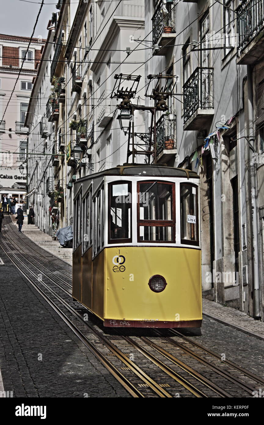 LISBON, PORTUGAL - February 2, 2017: Gloria Funicular (Ascensor da Gloria)  in Lisbon on February 2, 2017. Lisbon's Gloria funicular, classified as a  Stock Photo