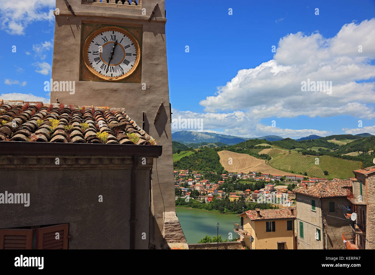 the clocktower in village of Sassocorvaro, Marche, Italy Stock Photo