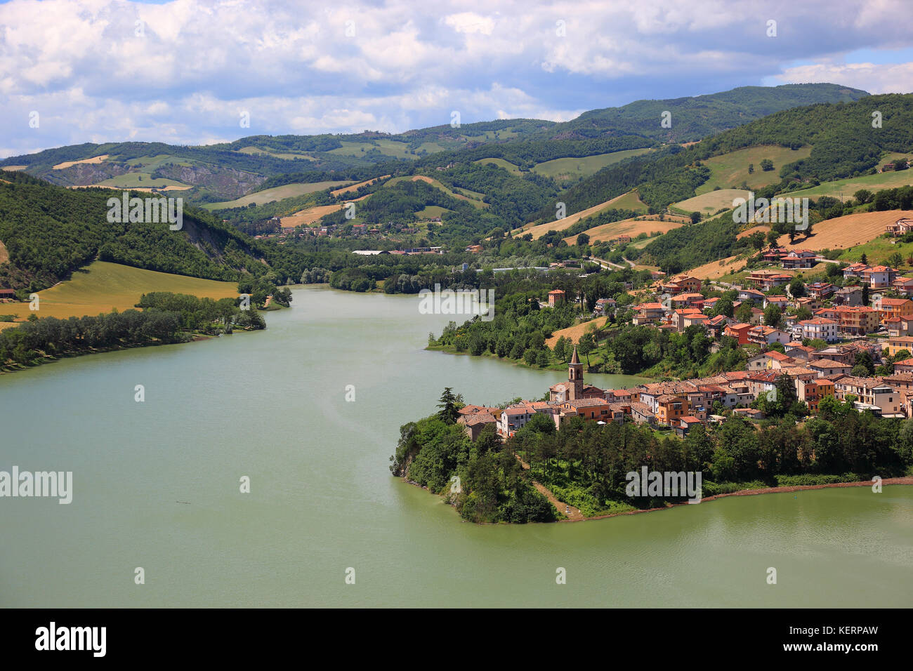 View from village of Sassocorvaro to Mercatale and lake Lago di Mercatale, Marche, Italy Stock Photo