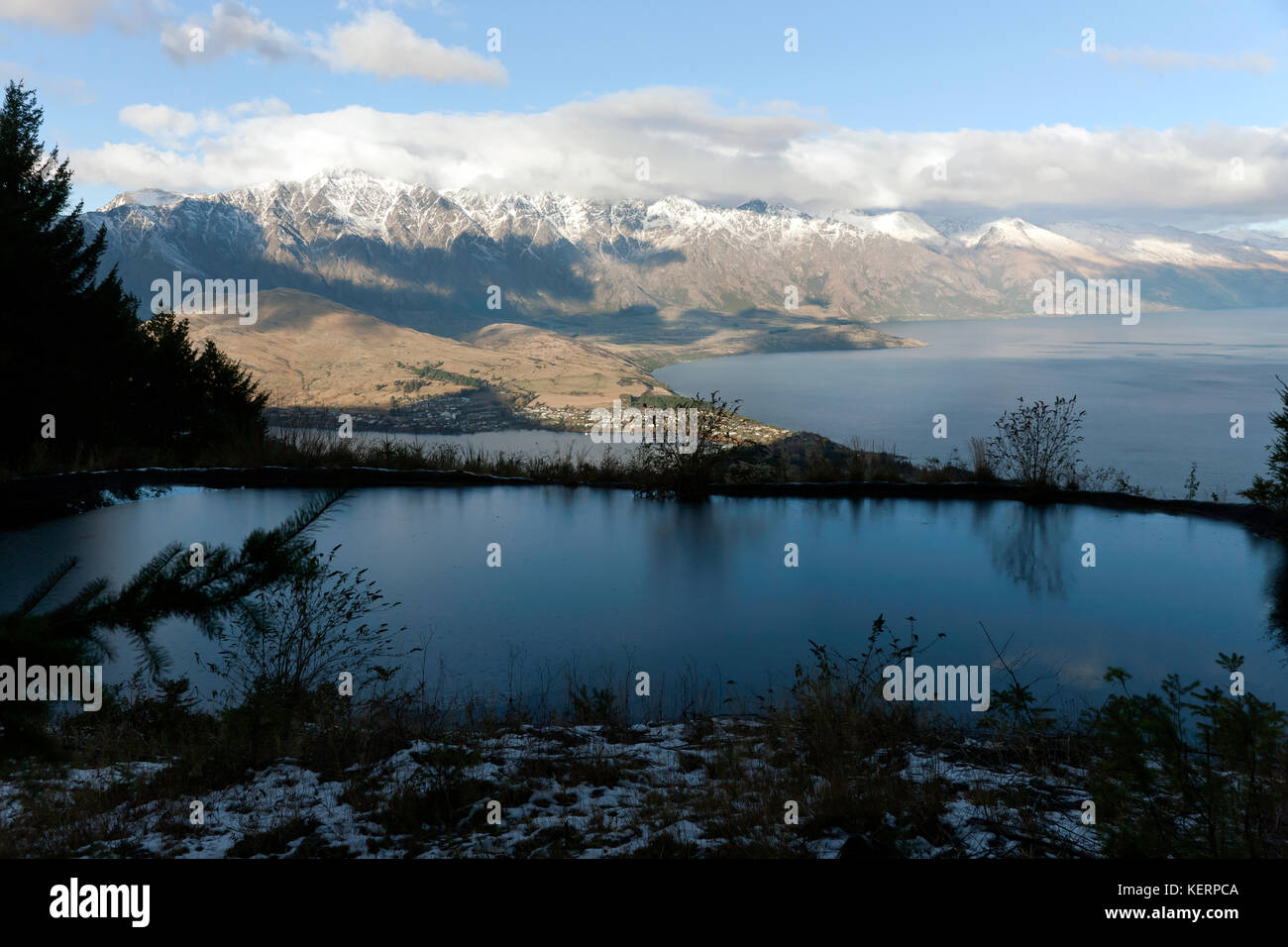 Evening view of Lake Wakatipu, from the walking trail, above the Top of the Skyline Gondola, Ben Lomond Stock Photo