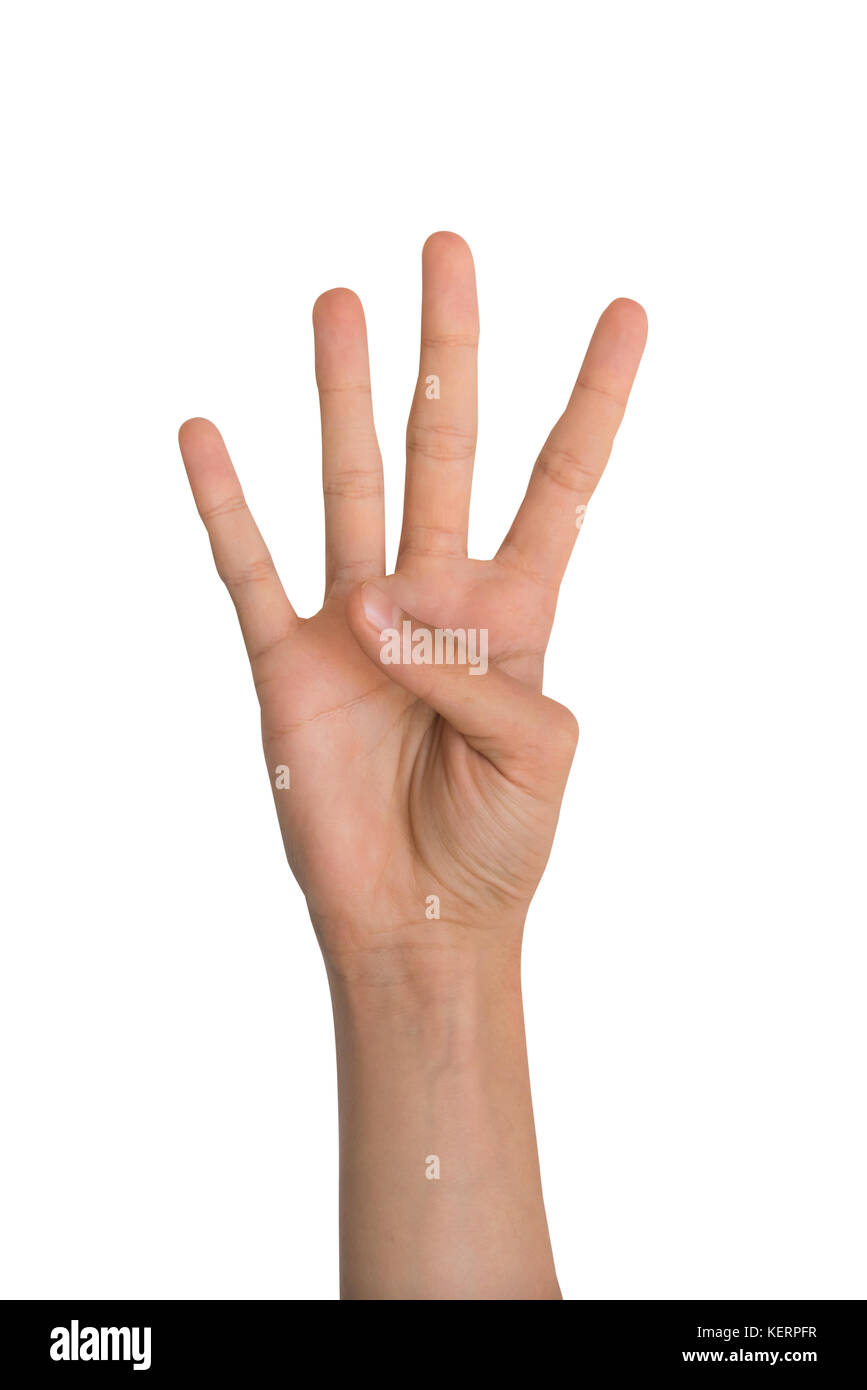 Hand showing number four, isolated on white background Stock Photo