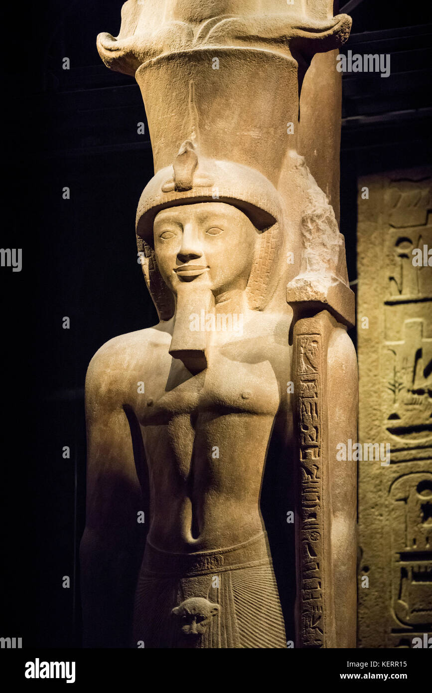 Turin. Italy. Portrait statue of Egyptian Pharaoh Seti II wearing an Atef crown. Museo Egizio (Egyptian Museum) 19th XIX Dynasty Stock Photo