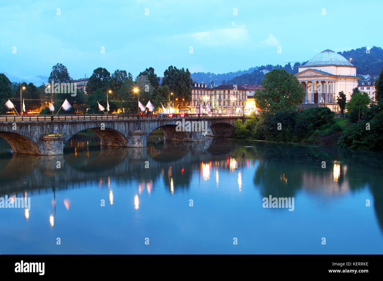 Vittorio Emanuele I bridge over Po river and the church of Gran Madre di Dio, Turin, Italy Stock Photo