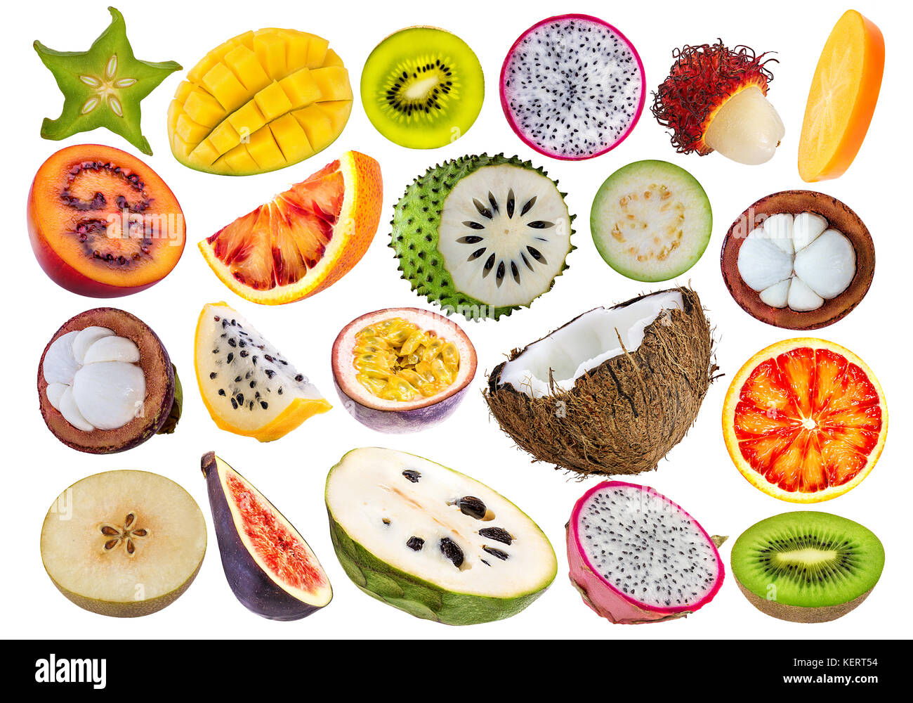 collection of exotic fruits isolated on white background Stock Photo