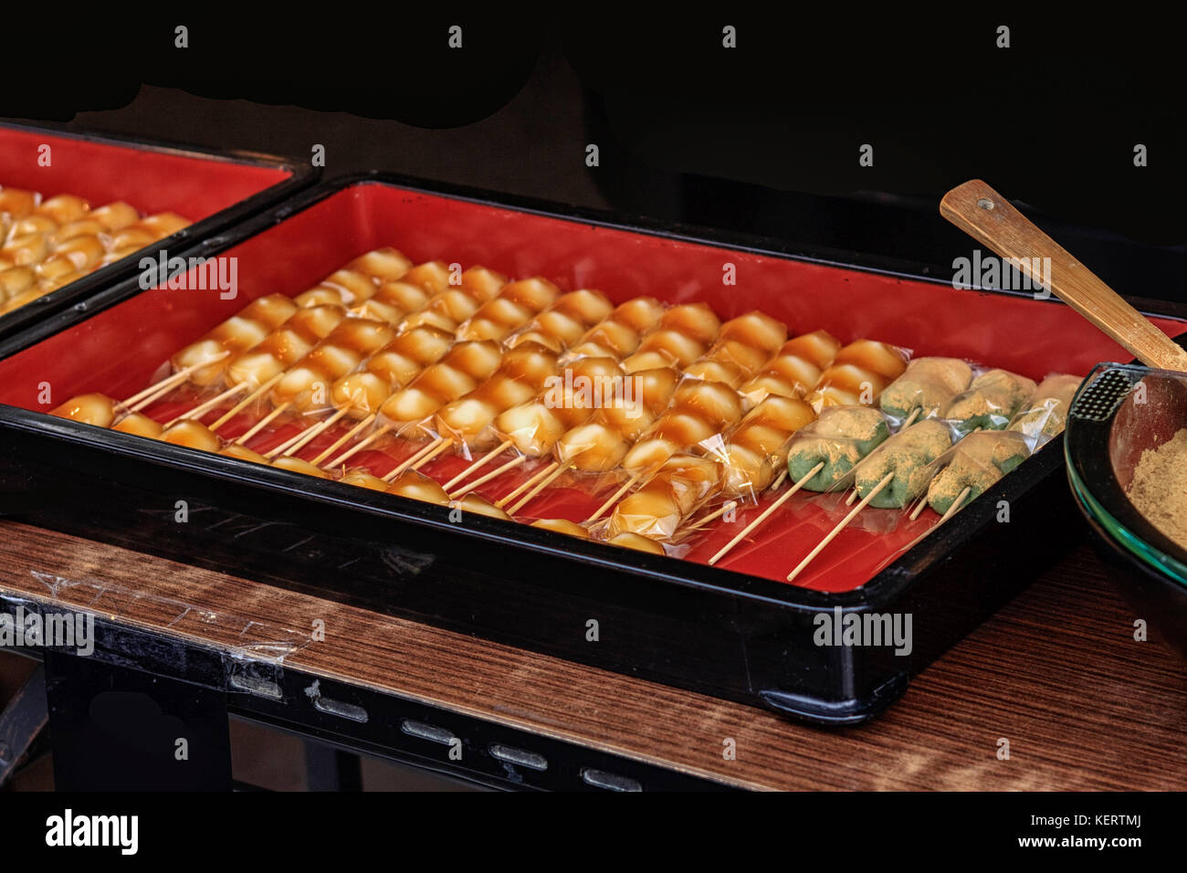 Japanese sweets called mitarashi dumplings in a box Stock Photo