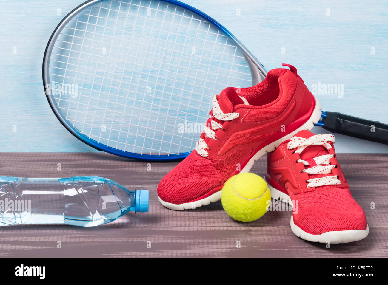 Objects important for playing tennis on a beautiful background Stock