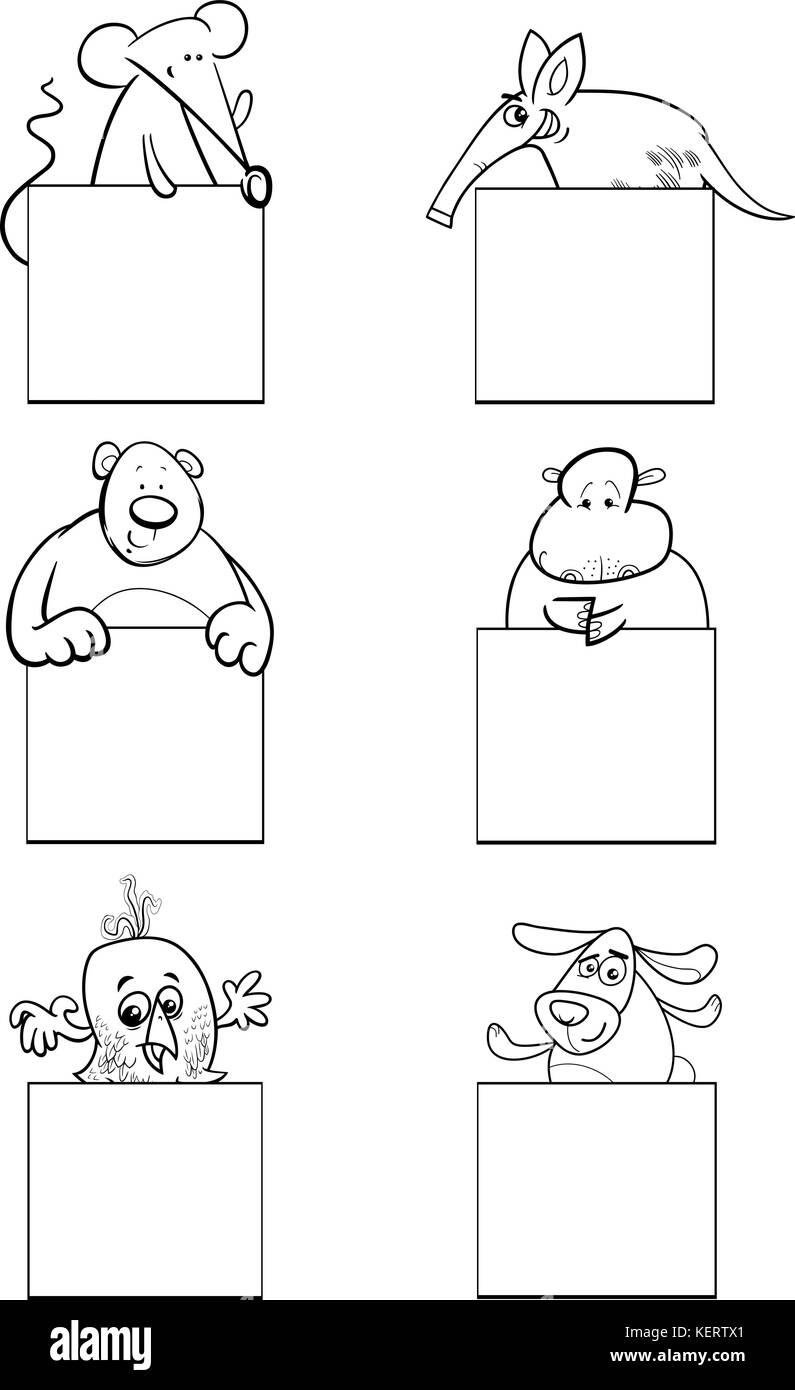 Black and White Cartoon Illustration of Animals with White Greeting or ...