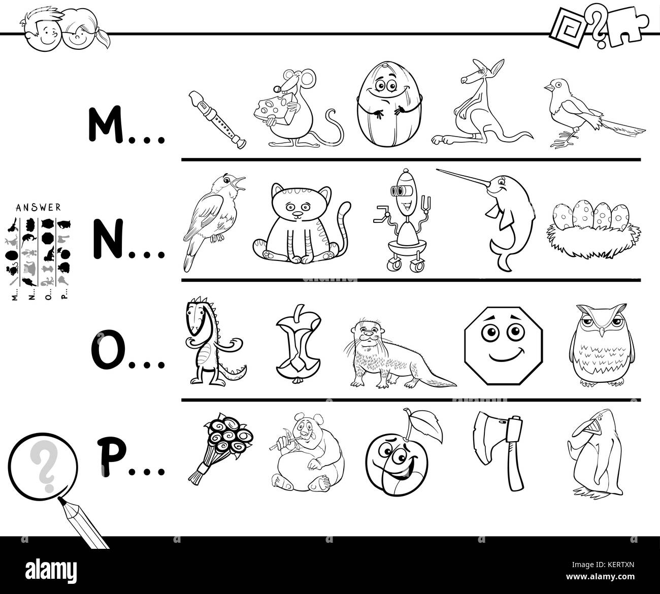 Black and White Cartoon Illustration of Finding Pictures Starting with Referred Letter Educational Game for Kids Coloring Book Stock Vector