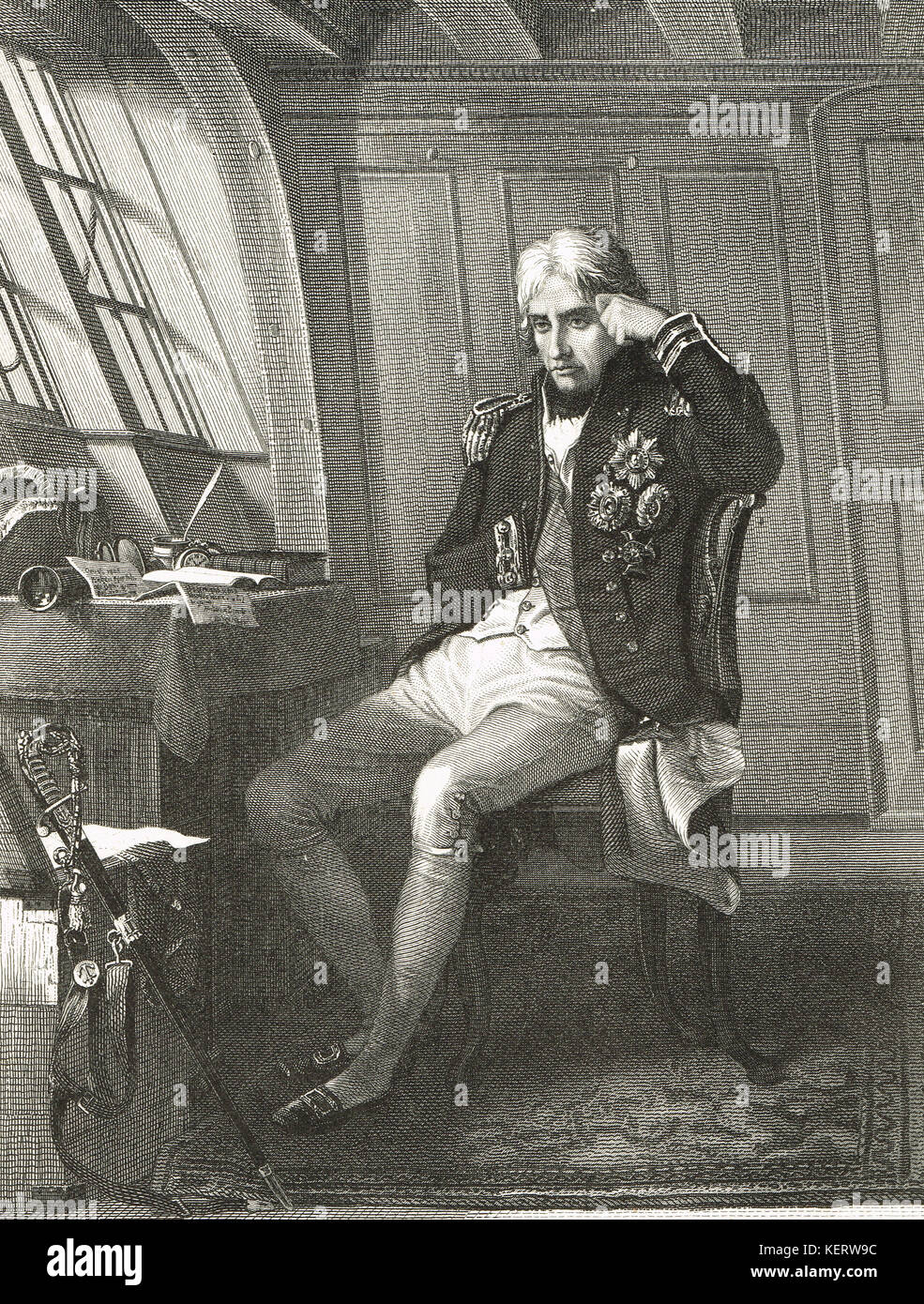 Horatio Nelson in his cabin on HMS Victory, on the morning of the battle of Trafalgar, 21 October 1805 Stock Photo