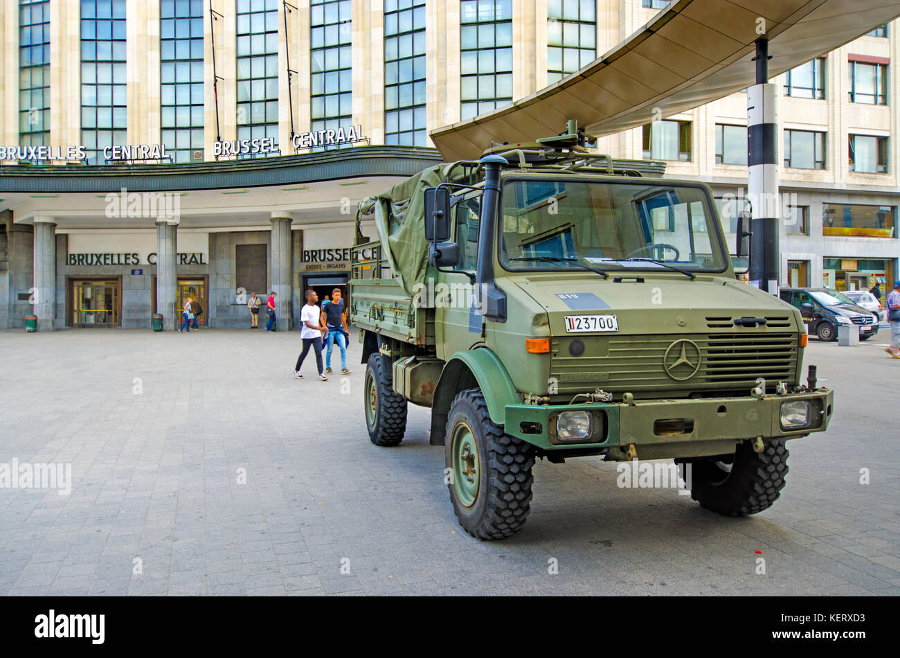 Brussels, Belgium. Army truck parked outside Brussels Central train station: Mercedes Benz Unimog 4x4 Light Utility Truck Stock Photo