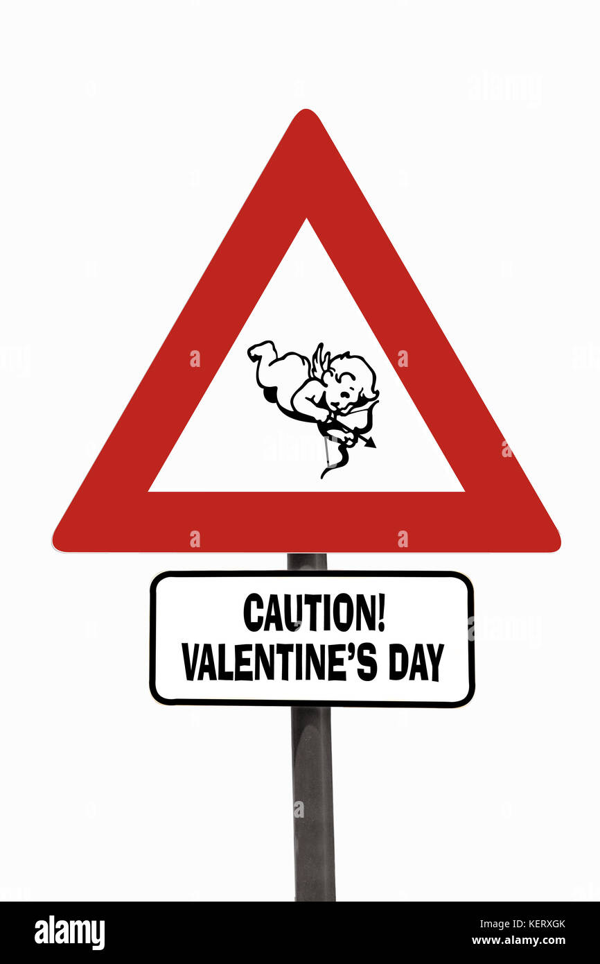 Valentine's Day warning roadsign over white background Stock Photo