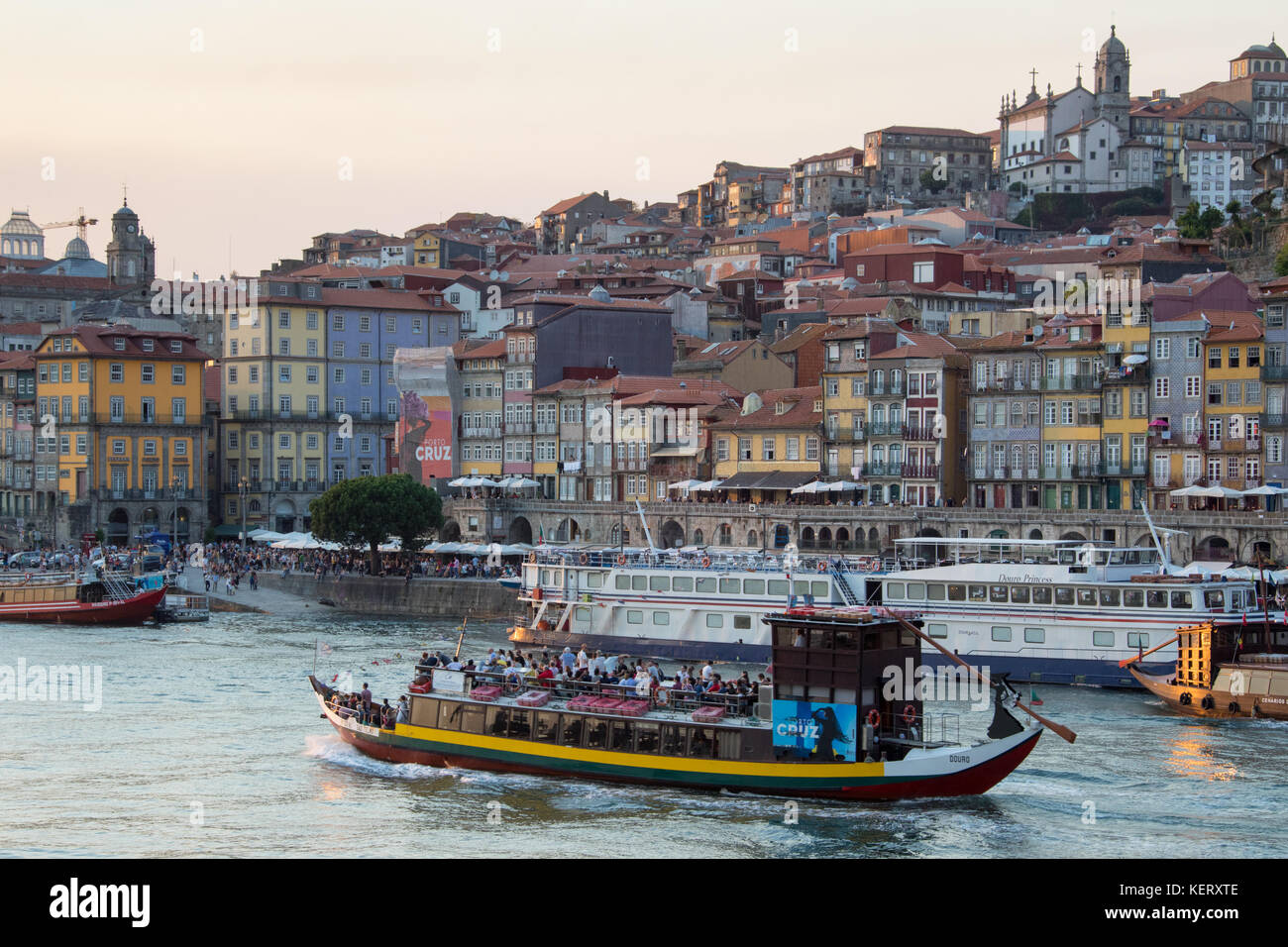 Tourist boat, Douro riverfront, Porto, Portugal Stock Photo