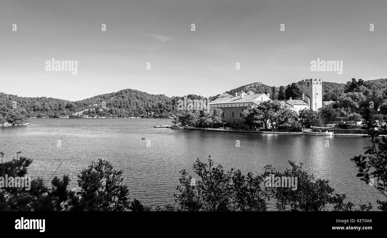 St Marys Island surrounded by the internal salt water lakes known as Malo Jezero (Little Lake) and Veliko jezero (Big Lake) captured as a multiple ima Stock Photo