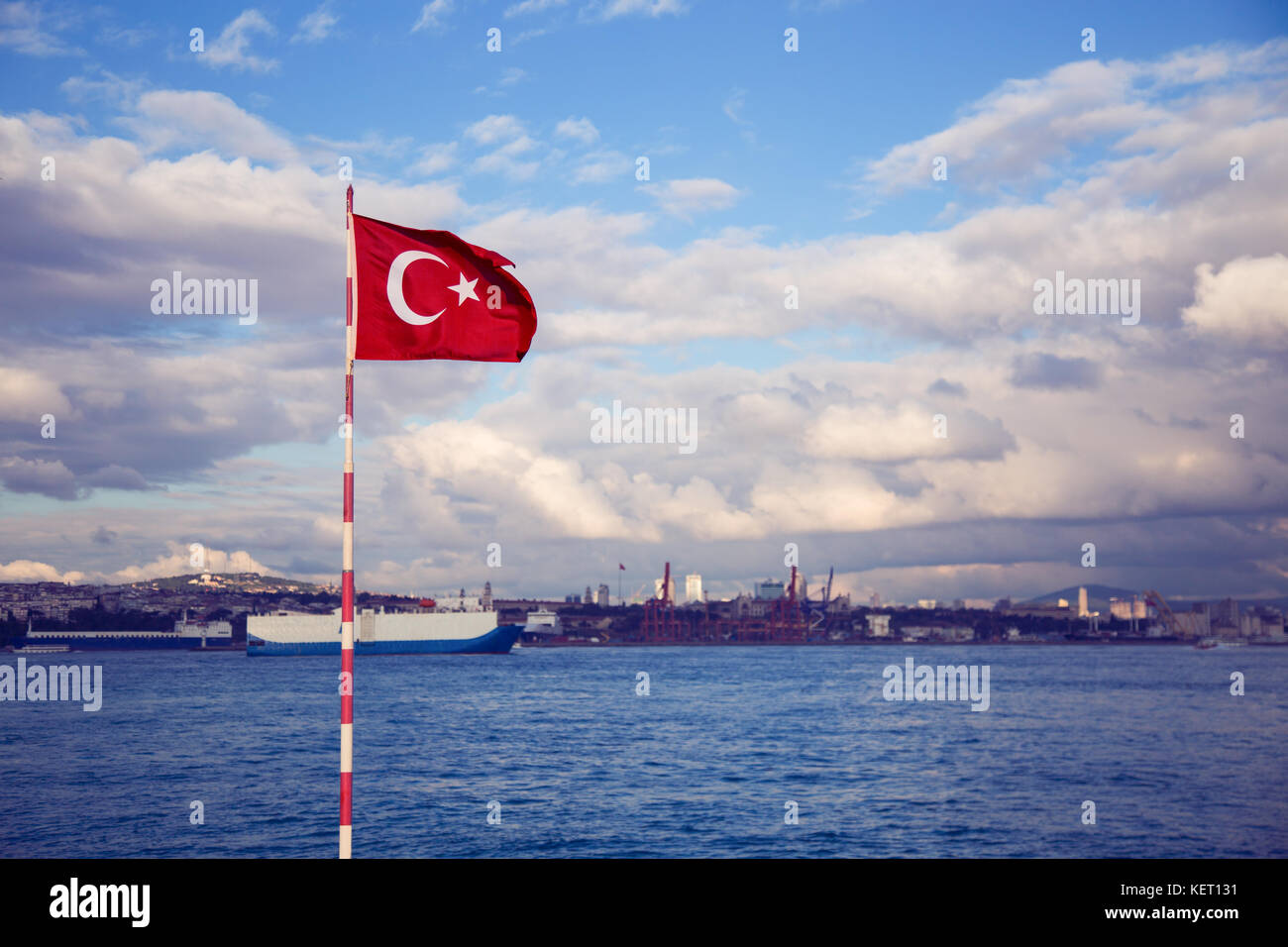 Turkish flag with Bosphorus straight on background.  Stock Photo