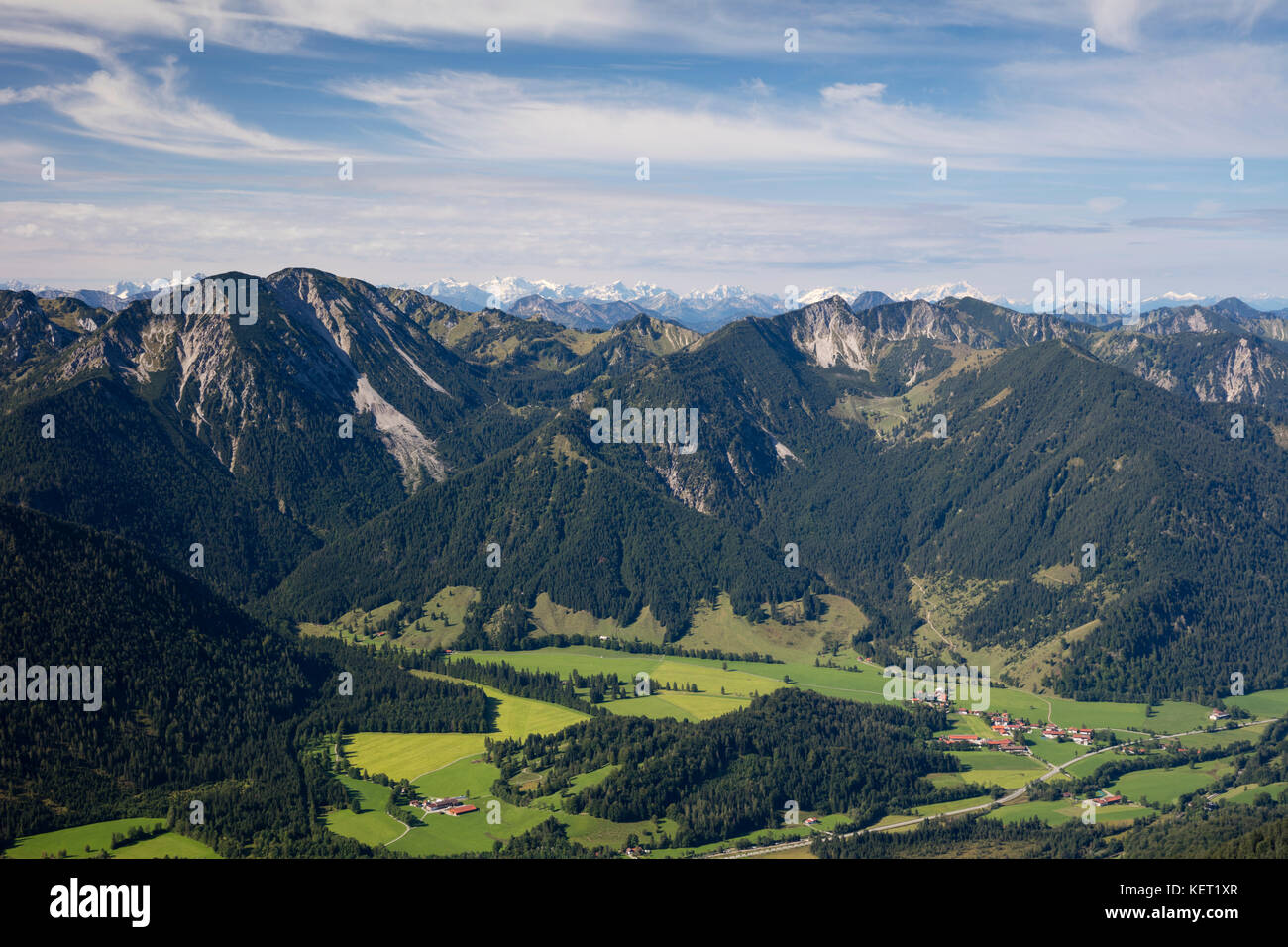 View from Wendelstein to Osterhofen, Bayrischzell, in the background Karwendel Mountains, Alps, Oberbayern, Bavaria, Germany Stock Photo