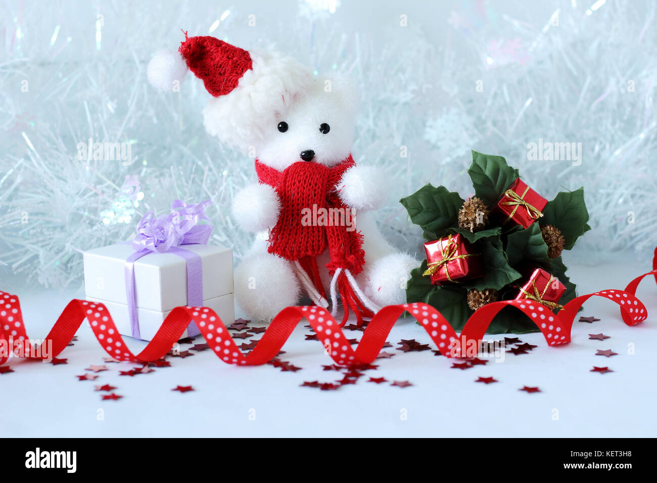 gifts with shiny bows on a Christmas party decor Stock Photo