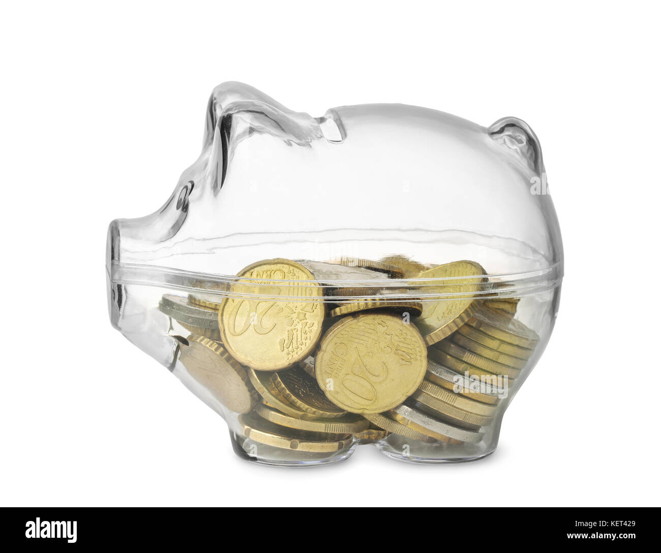 Side view of transparent piggy bank with euro coins isolated on white ...