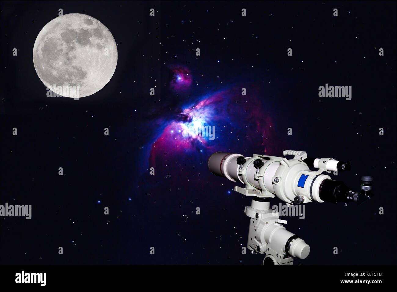 Telescope watching the Great Orion Nebula, M42, NGC1976 on dark night