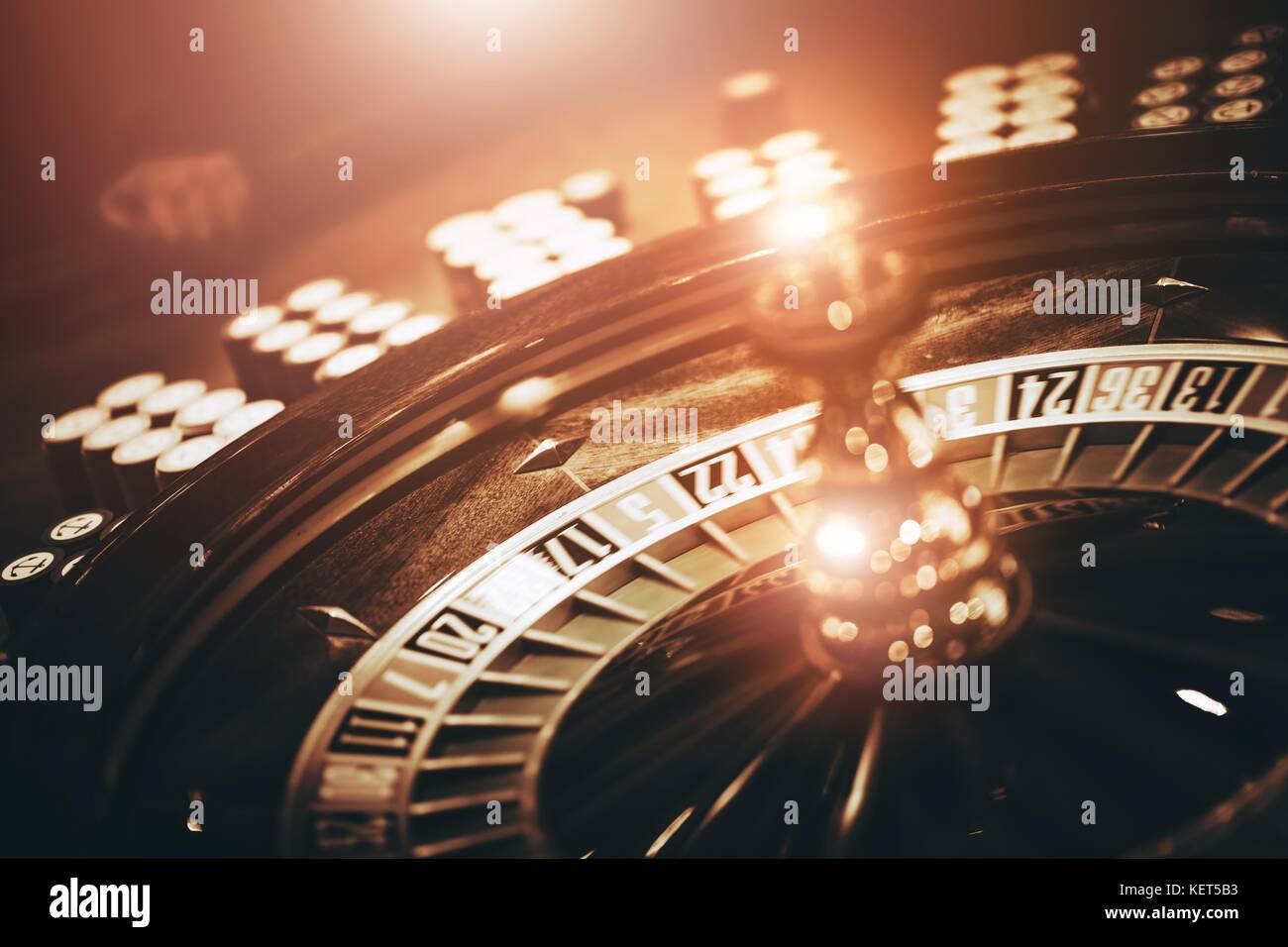 Spinning Roulette Wheel. Las Vegas Roulette Game. Wheel and Chips Stock