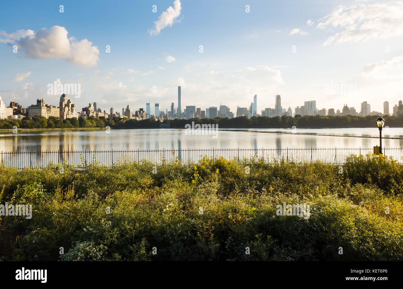 Central park reservoir with New York cityscape aerial view Stock Photo