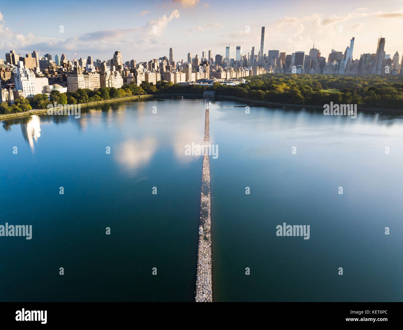 Central park reservoir with New York cityscape aerial view Stock Photo