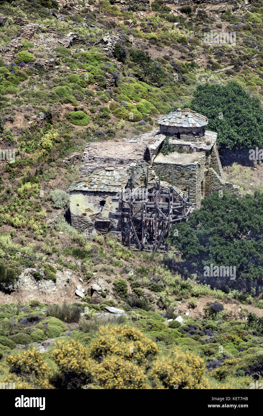 A byzantine church at the mountainous region of Andros island, Cyclades, Greece Stock Photo