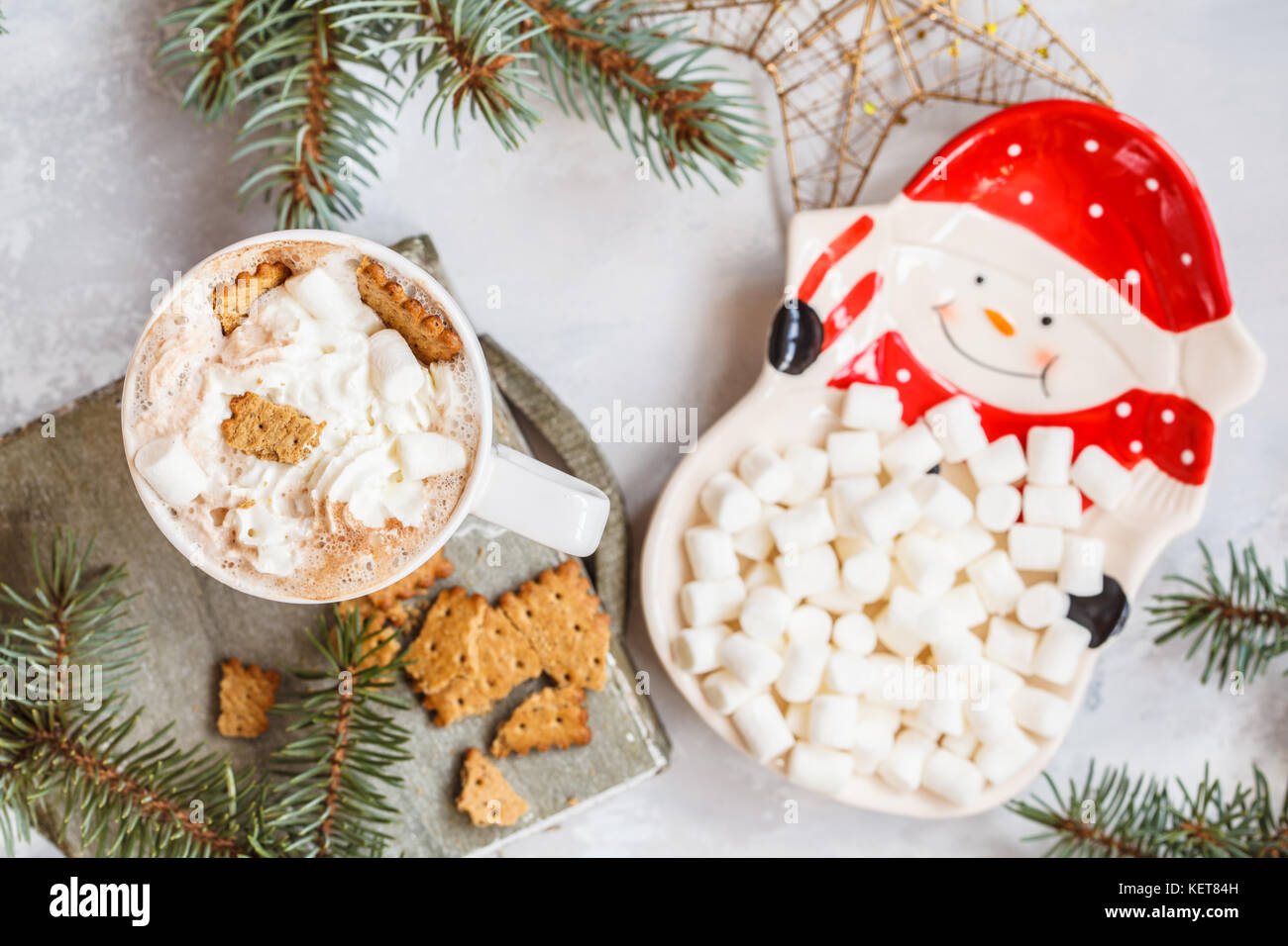 Christmas decoration: hot cocoa with marshmallow. Top view, Christmas food concept. Stock Photo