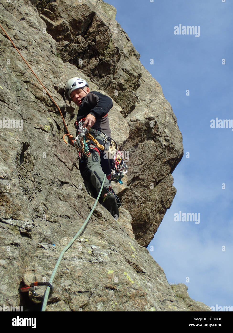 Rock climbing Murray's Route on Dow Crag in the Coniston Fells of the Lake District Stock Photo