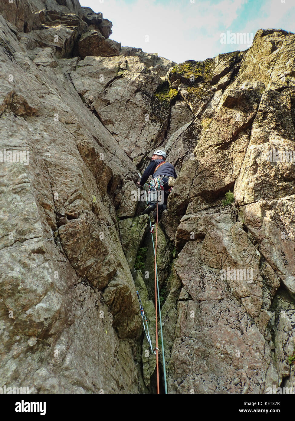 Rock climbing Murray's Route on Dow Crag in the Coniston Fells of the Lake District Stock Photo