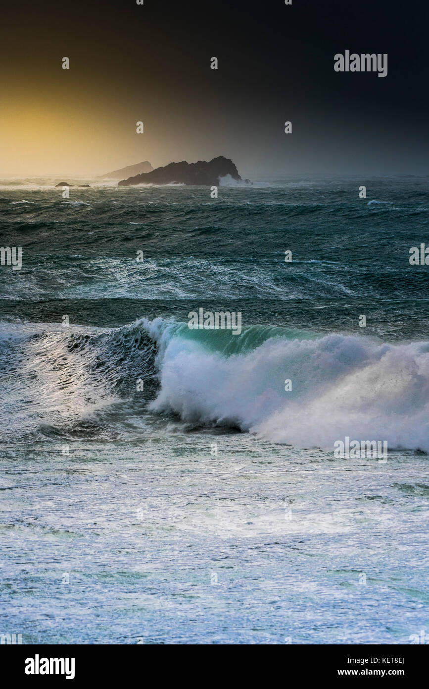 UK Weather Storm Ophelia - wild stormy sea conditions as Storm Ophelia hits the coast at Newquay Cornwell. Stock Photo