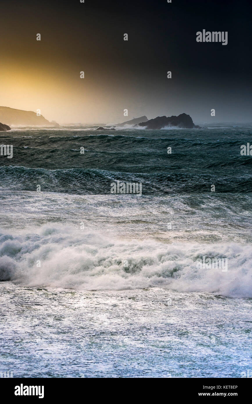 UK Weather Storm Ophelia - wild stormy sea conditions as Storm Ophelia hits the coast at Newquay Cornwell. Stock Photo