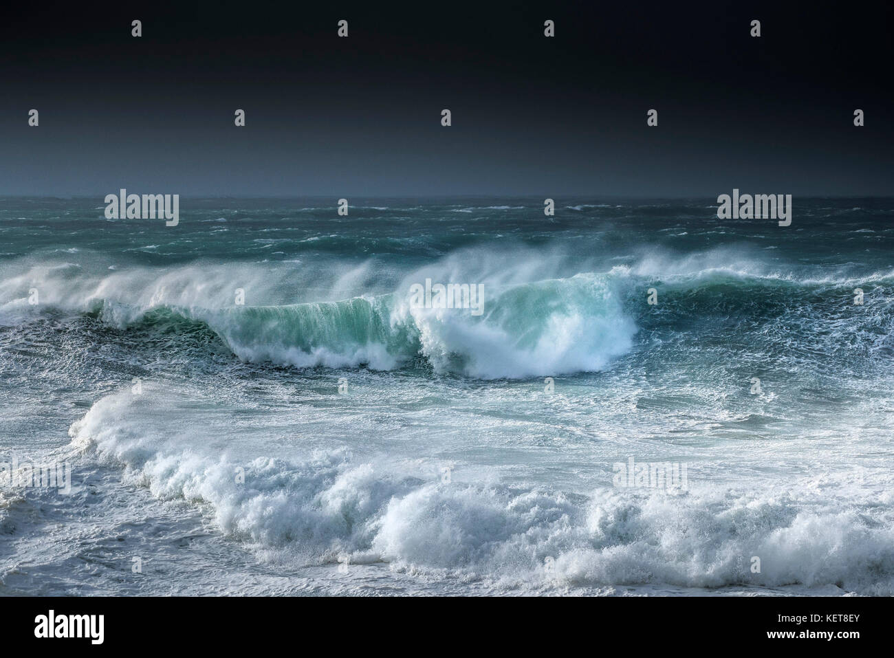 UK Weather Storm Ophelia - wild stormy sea conditions as Storm Ophelia hits the coast at Newquay Cornwell. Stock Photo