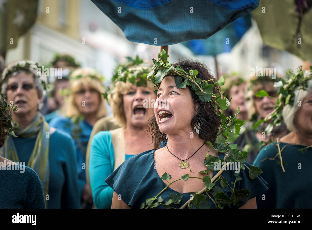 The Suitcase Singers performing in The Ordinalia - Cornish Mystery Plays performed during the Penryn Kemeneth a two day heritage festival in Cornwall Stock Photo