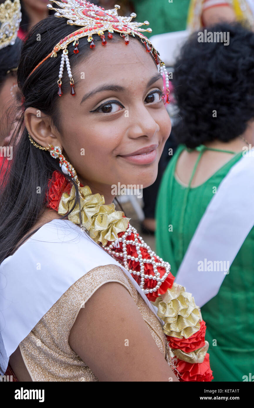 Close up portrait of a Guyanese teenager at the Diwali Motorcade in Richmond Hills, Queens, New York. Stock Photo