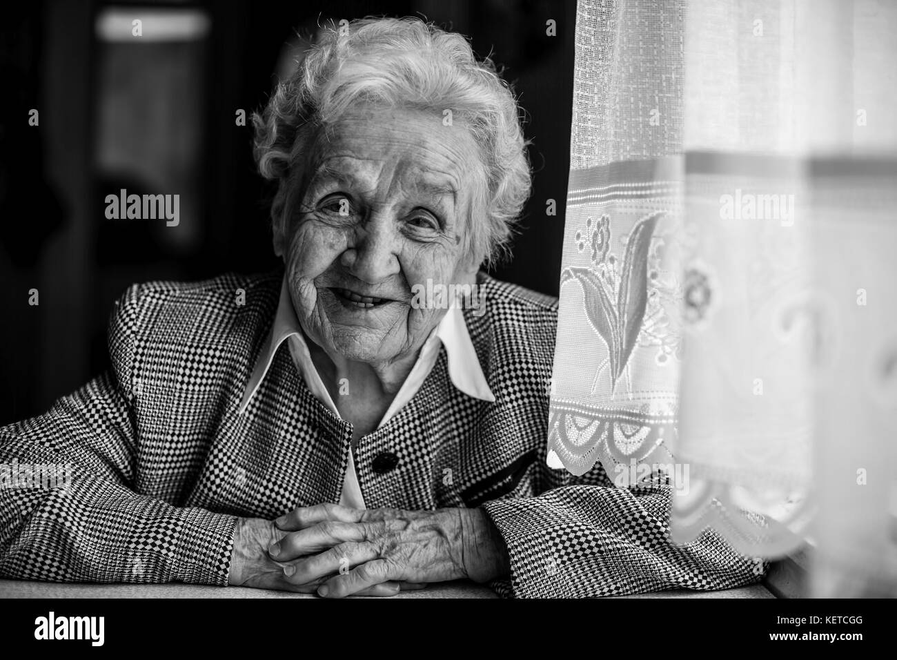 Elderly people smiling Black and White