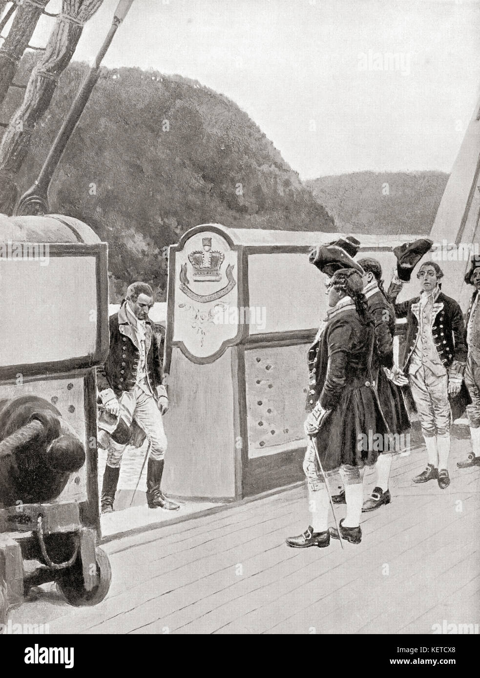 The escape of Bendict Arnold in 1780, seen here boarding the British sloop-of-war Vulture.  Benedict Arnold, 1741 - 1801.  General during the American Revolutionary War who fought for the American Continental Army and later defected to the British Army.  From Hutchinson's History of the Nations, published 1915. Stock Photo
