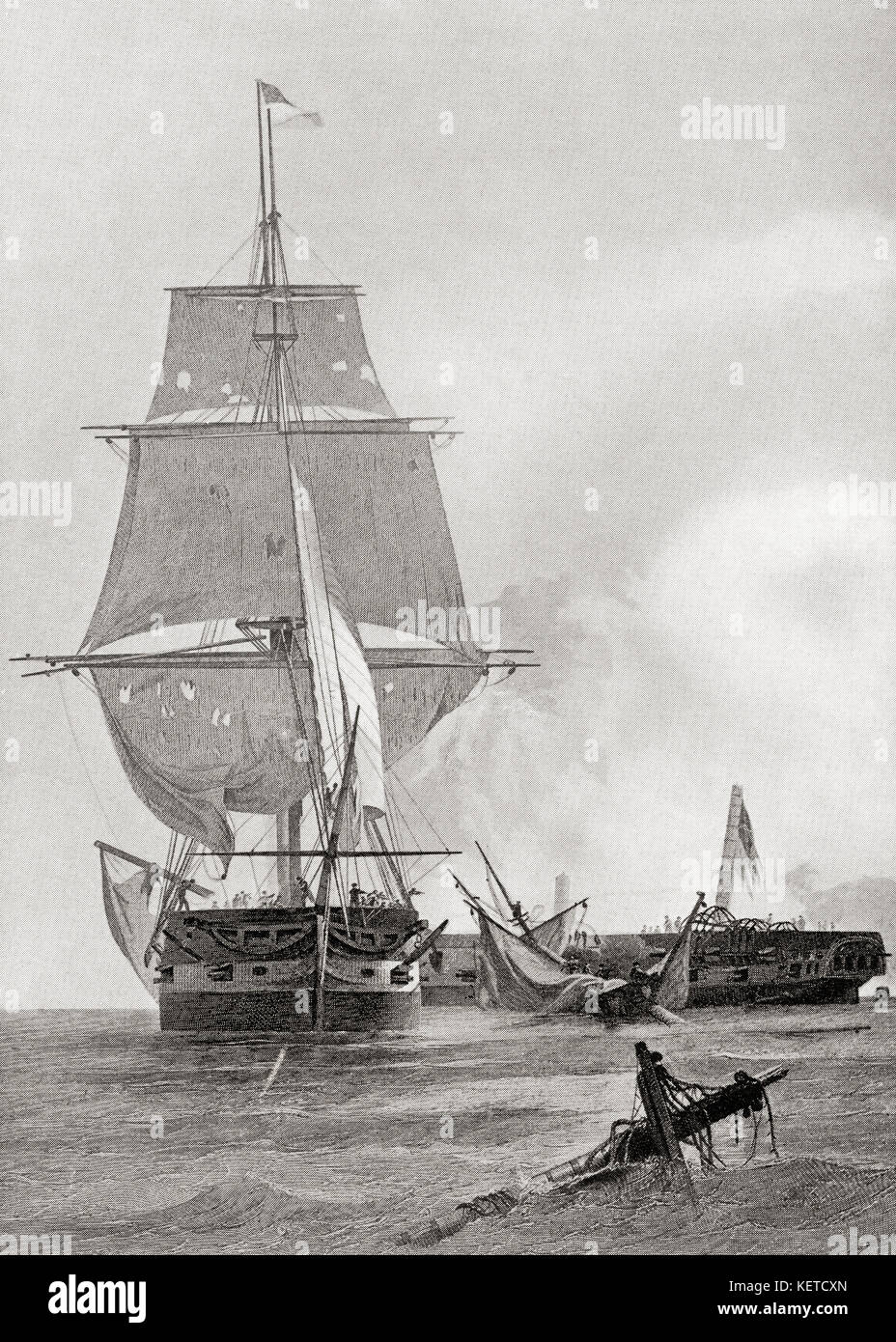 The battle between the two ships USS Constitution and HMS Guerriere during the War of 1812.  From Hutchinson's History of the Nations, published 1915. Stock Photo