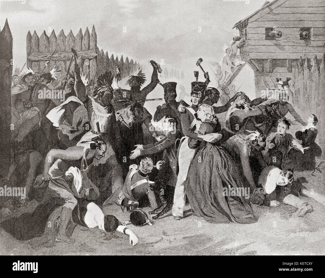 The massacre at Fort Mimms during The Creek War (1813-1814), aka the Red Stick War and the Creek Civil War.  The Creek Indian warriors attacked the fort and killed a total of 400 to 500 settlers.  From Hutchinson's History of the Nations, published 1915. Stock Photo